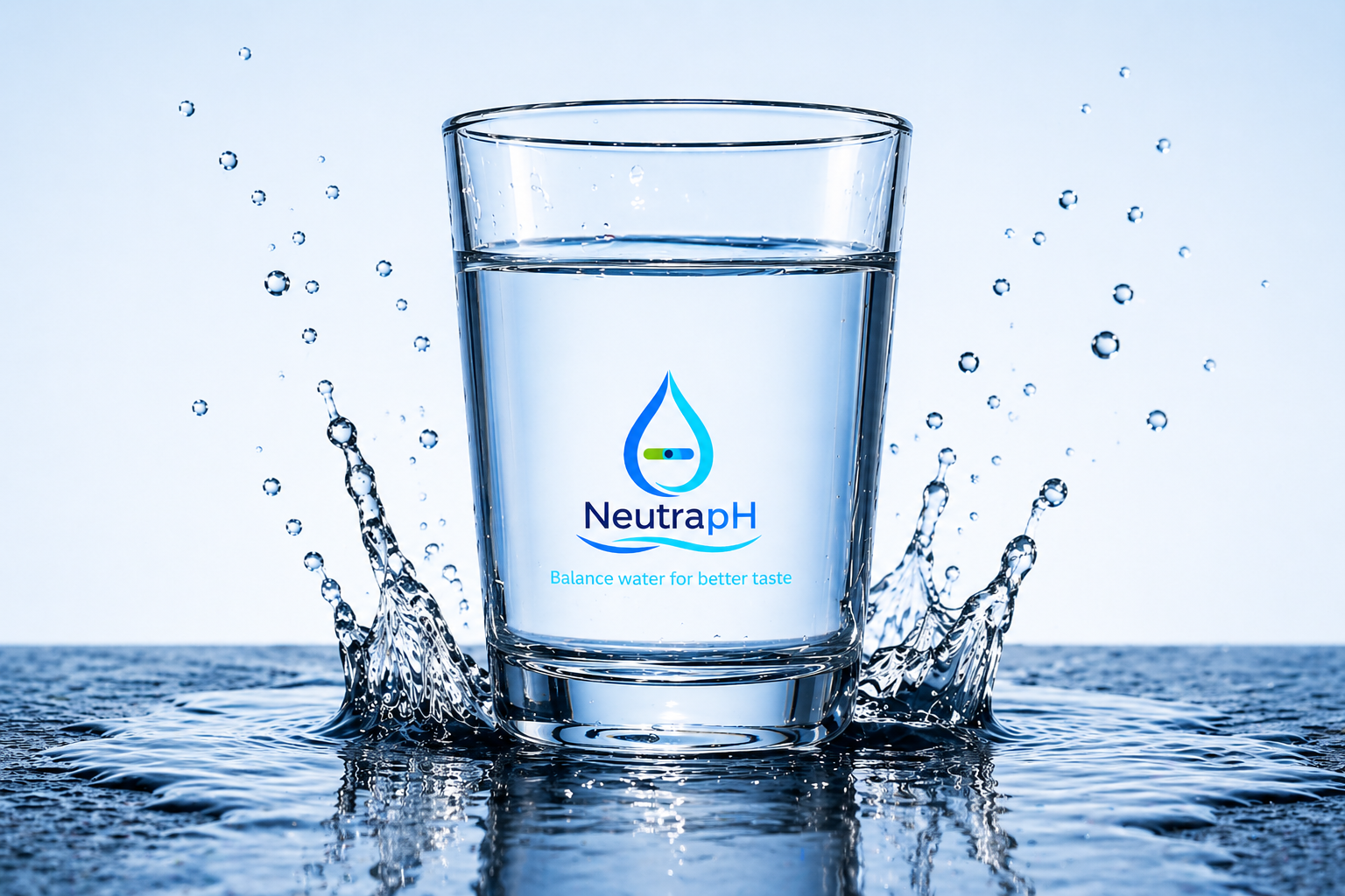 Clean water glass with NeutrapH branding